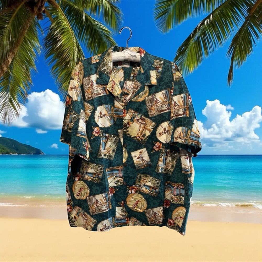 HILO HATTIE Hawaiian Shirt MEN 3XL Vintage Island Girls Scenery Floral Teal Grn
